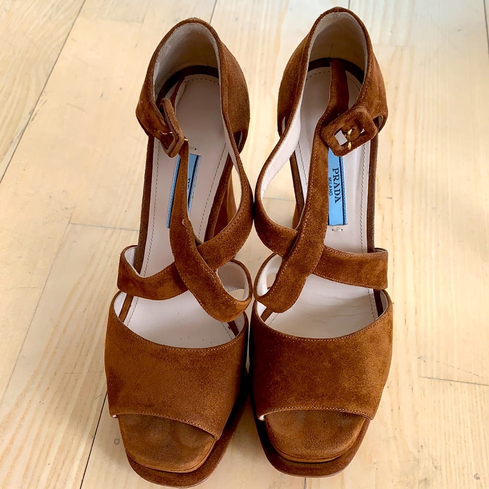 Prada block heel suede platform sandals